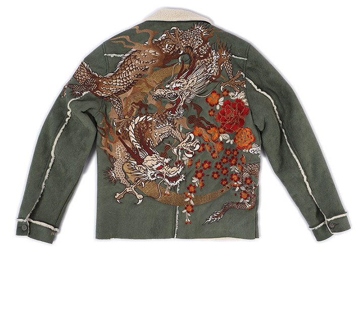 三省六部主线·三龙柄·重工刺绣麂皮羊羔毛拼接防寒保暖机车外套详情19