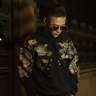 National tide three provinces six original spring and autumn Chinese style men's and women's couples gold thread dragon and phoenix embroidery hooded pullover casual top