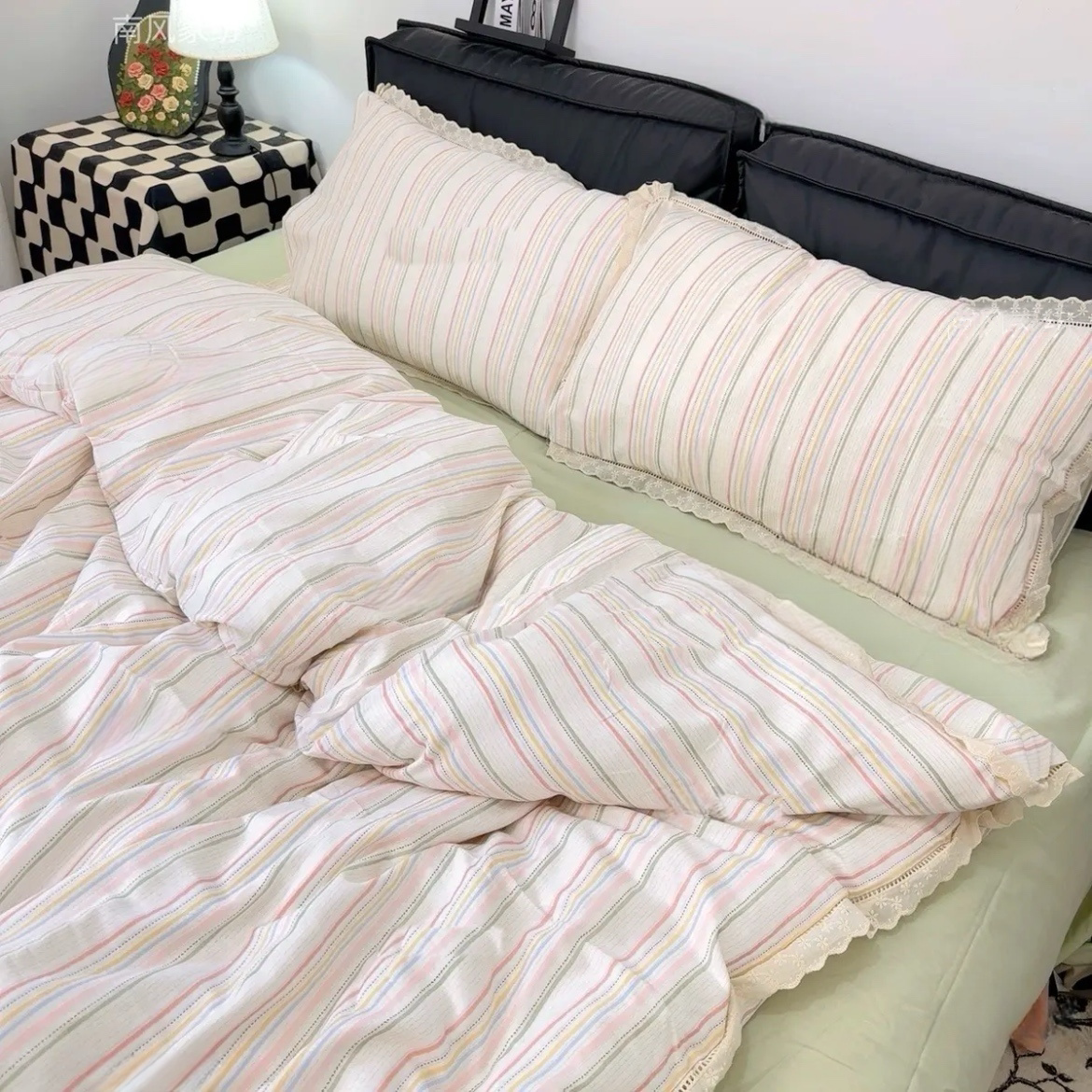 Сон на облаке! Детский хлопковый двухслойный марлевый комплект постельного белья из 4 предметов с кружевом