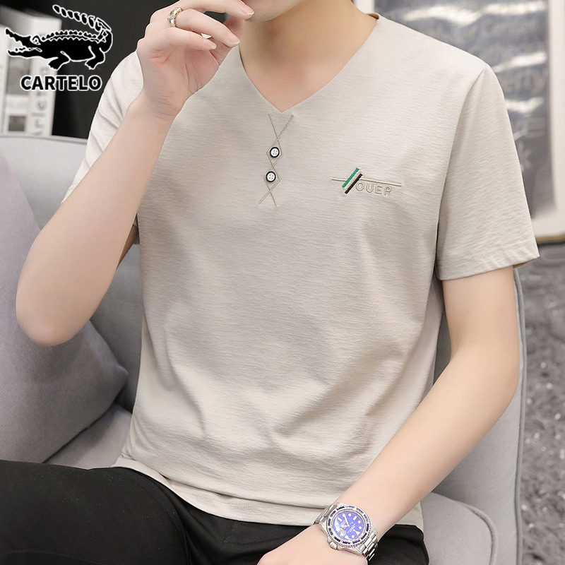 Crocodile Summer Thin Short Sleeve T-shirt Men Casual New Tide Cards Trend Half Sleeve Ice Silk T-shirt V-collar Clothes Man T
