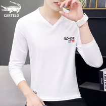 Crocodile winter long sleeve T-shirt men's white V-neck autumn clothes tide brand T-shirt loose cotton upper clothes base shirt men