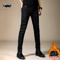 Crocodile winter jeans men's black casual new plus velvet padded high-end slim small foot long pants men's pants