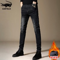 Crocodile plus velvet casual jeans men's tide brand trend Joker slim foot black autumn and winter long pants men's pants