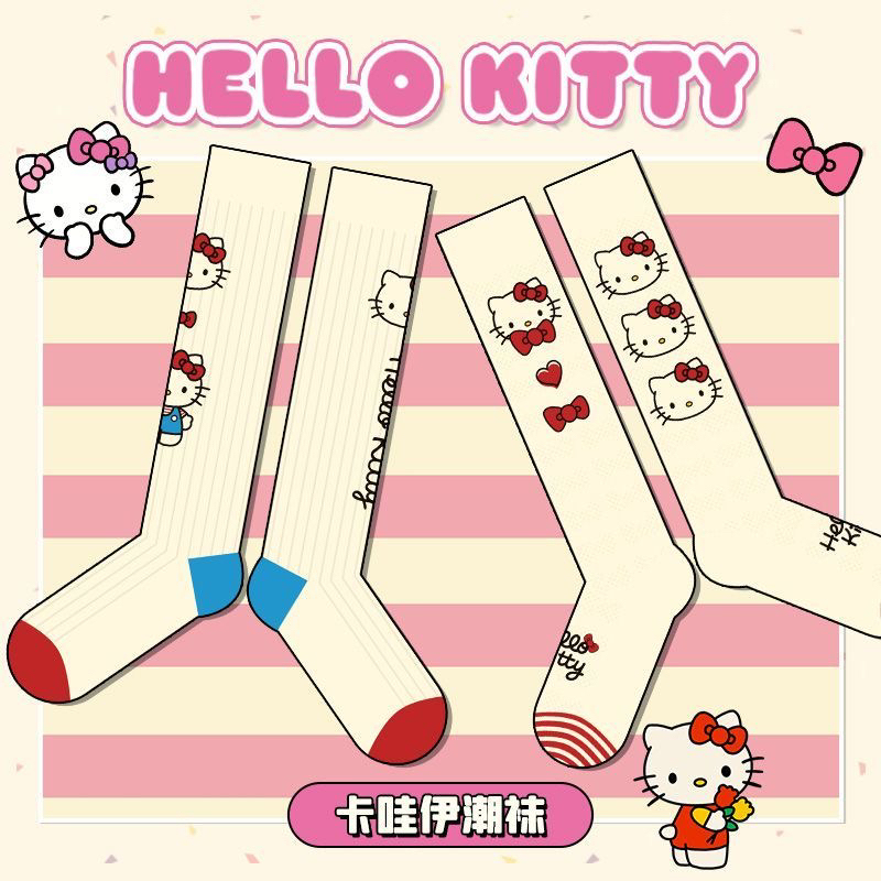 Hello Kitty Socks, Calf Socks, Japanese Style Vertical Stripes, Cute ins Calf-High Slouch Socks for Women, Versatile Socks
