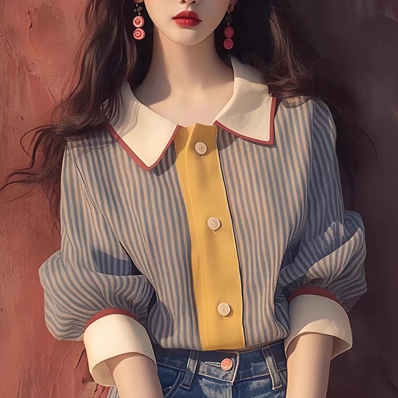 Italian High-End Hong Kong Style Color-Blocked Striped Lapel Long-Sleeve Shirt New Unique and Beautiful Women's Top