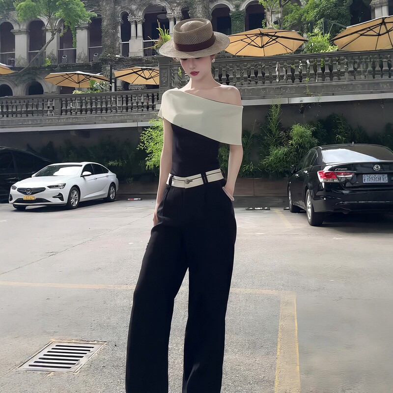 Sister-Style Elegant Outfit, New Summer Color-Blocking Off-Shoulder Knit Top + Casual Suit Pants for Women Sister-Style Elegant Outfit, New Summer Color-Blocking Off-Shoulder Knit Top + Casual Suit Pants for Women