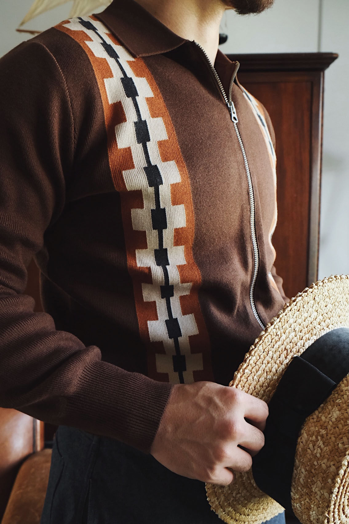 Remains 50s retro - zipped knitting sweatshirt short fit long - sleeve cotton TTalon zipper