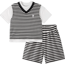 Mini Balabala baby short-sleeved suit for boys and girls baby college style fake two-piece striped sports suit
