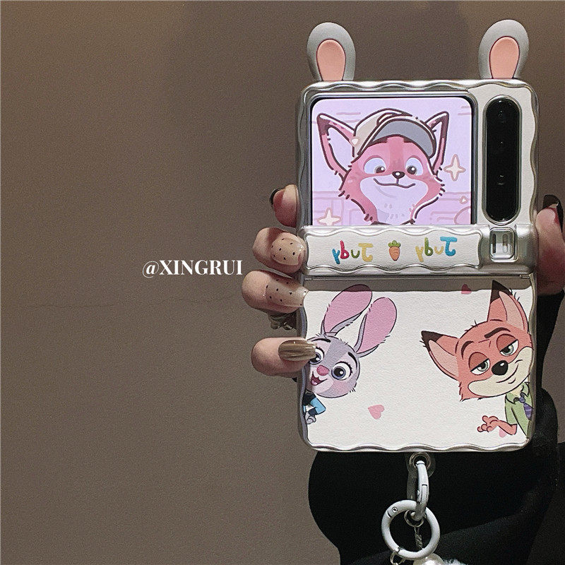 Cute Cartoon Electroplated Leather-Textured Rabbit and Fox Plush Chain Case Suitable for Huawei Pocket 80% off Foldable Screen Purax Phone Case, Xiaomi Mix Flip 2 Full-Cover Purax Collector's Edition Anti-Drop Women's Model
