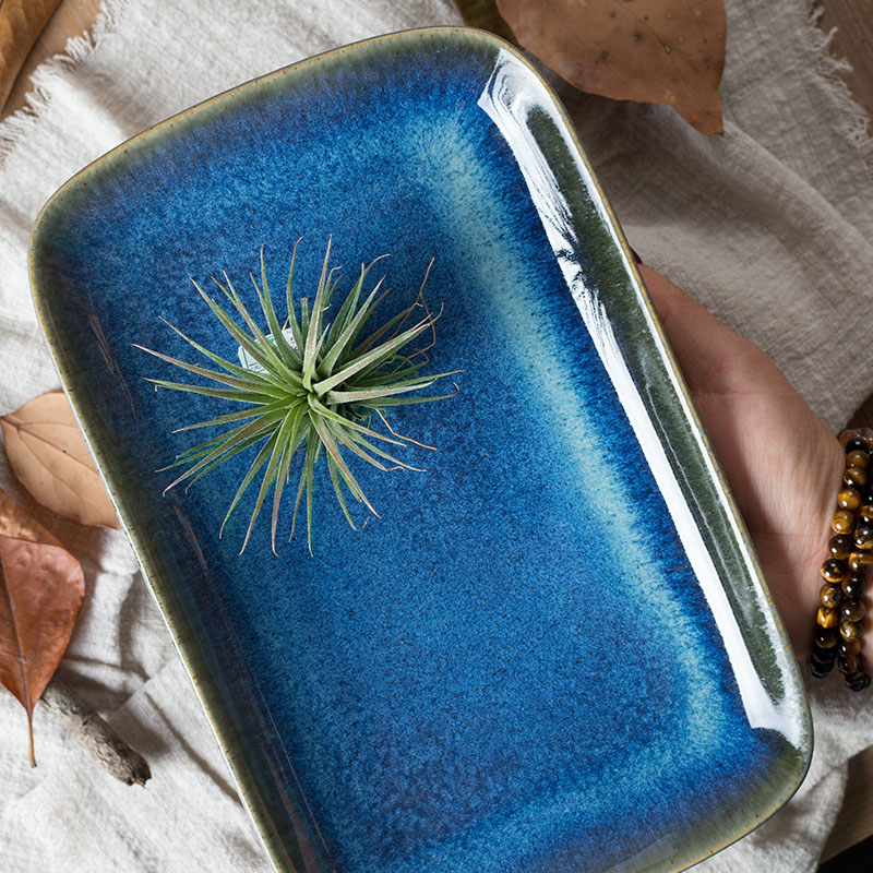 Japanese style restoring ancient ways variable blue ceramic tableware food dish creative dish beefsteak dish household rectangular plates of sushi