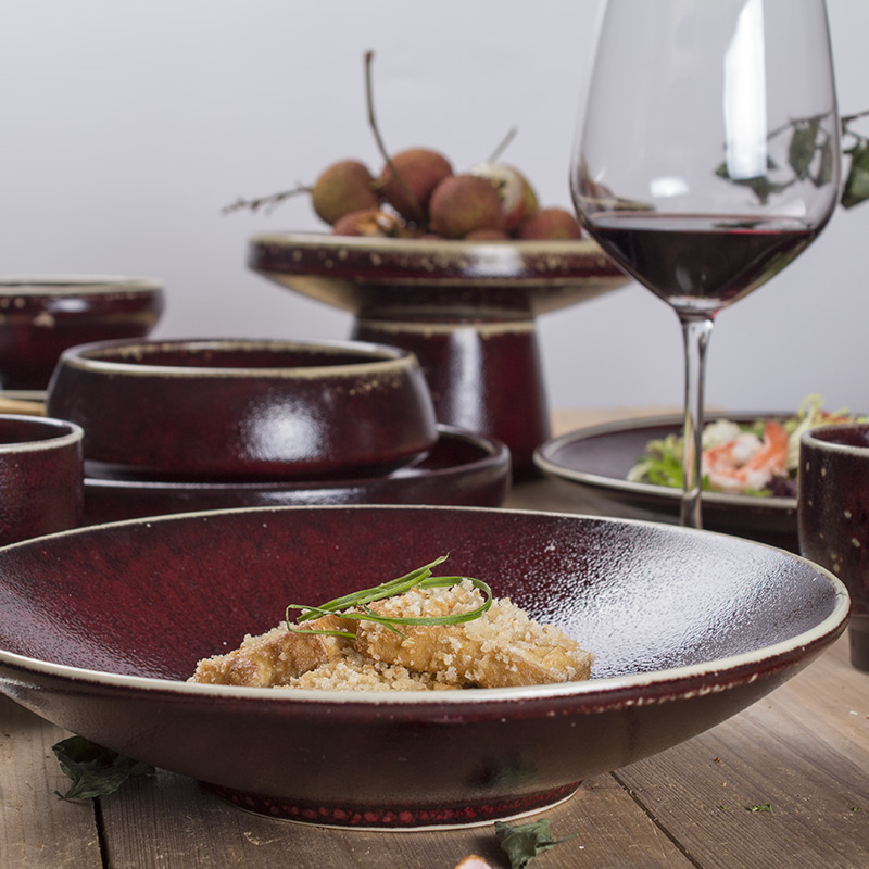 Large ceramic bowl retro horn family bowl bowl of red Chinese tableware light for cooking noodles bowl of fruit salad bowl