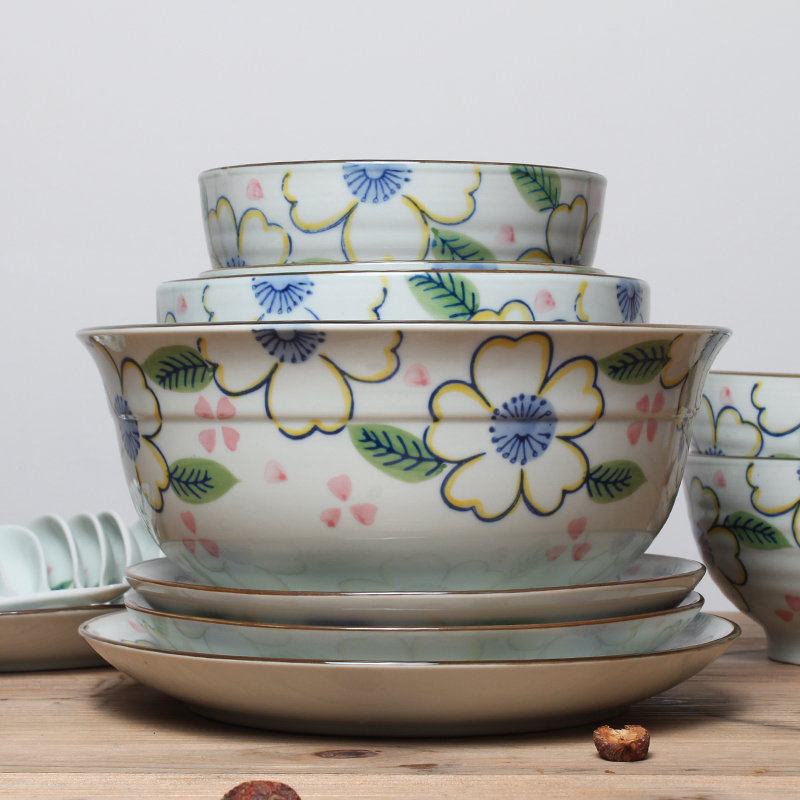 Upset under the glaze color household Japanese rice bowls and tableware ceramic bowl to eat rice bowl mercifully rainbow such use large soup bowl