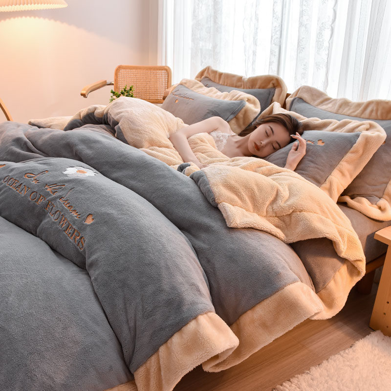 2023 new double-sided suede thickened milk suede winter coral suede bed with four pieces of covered flannel bed linen damp winter money-Taobao