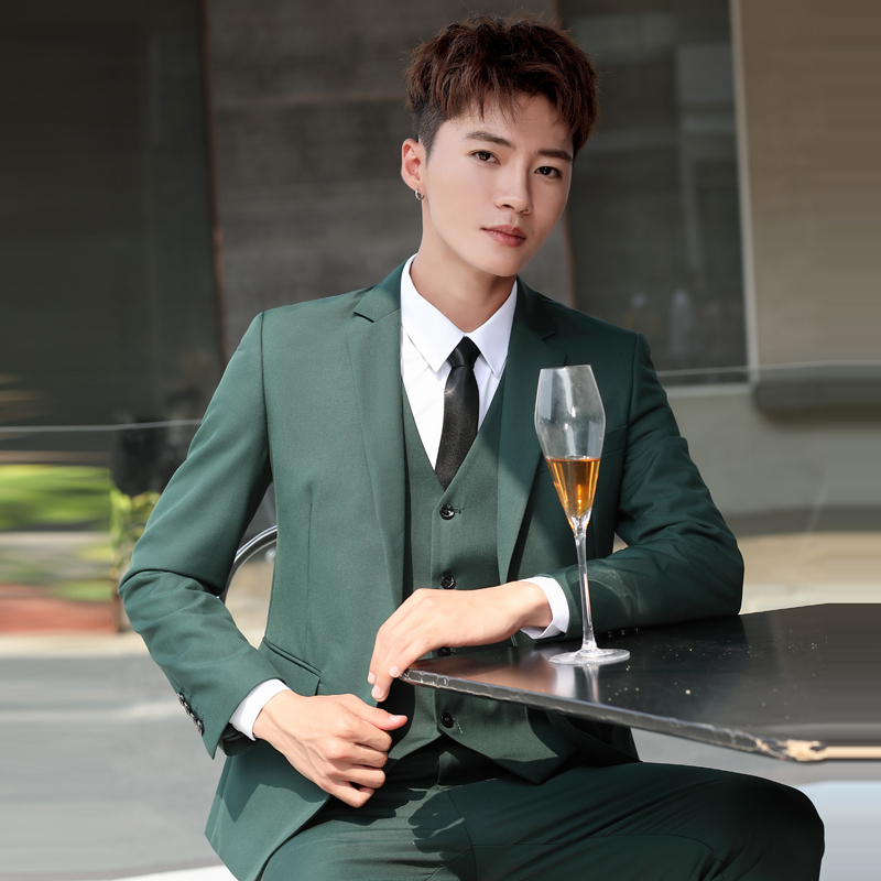Korean Light Mature Style Retro Dark Green Small Suit Men's Slim Fit Jacket Casual Suit Set Banquet Groom's Attire