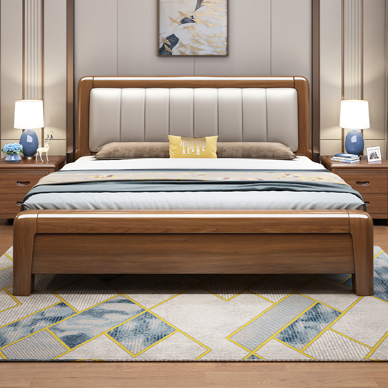 Walnut Bed 1 5 m leather soft - leather wood bed modern minimalist master bedroom wedding bed