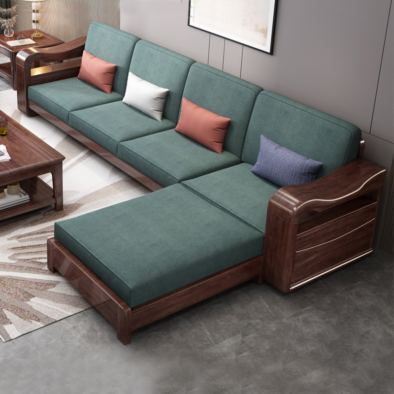 New Chinese gold silk sandalwood solid wood sofa combined modern minimalist living-room furniture wood sofa cloth art sofa