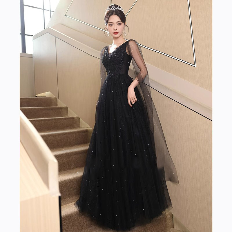 Black Evening Dress, High-End, Light Luxury, Niche Style, Suitable for Students' 18Th Birthday, Coming-Of-Age Ceremony, Graduation Banquet, Host, and Performance Attire