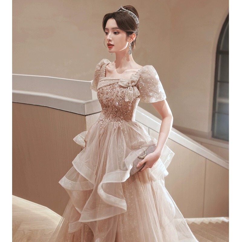 French-Style Evening Dress, High-End Light Luxury, Niche Banquet Style, Elegant for Coming-Of-Age Ceremony, Piano Host, Dignified and Grand, Puffy Skirt