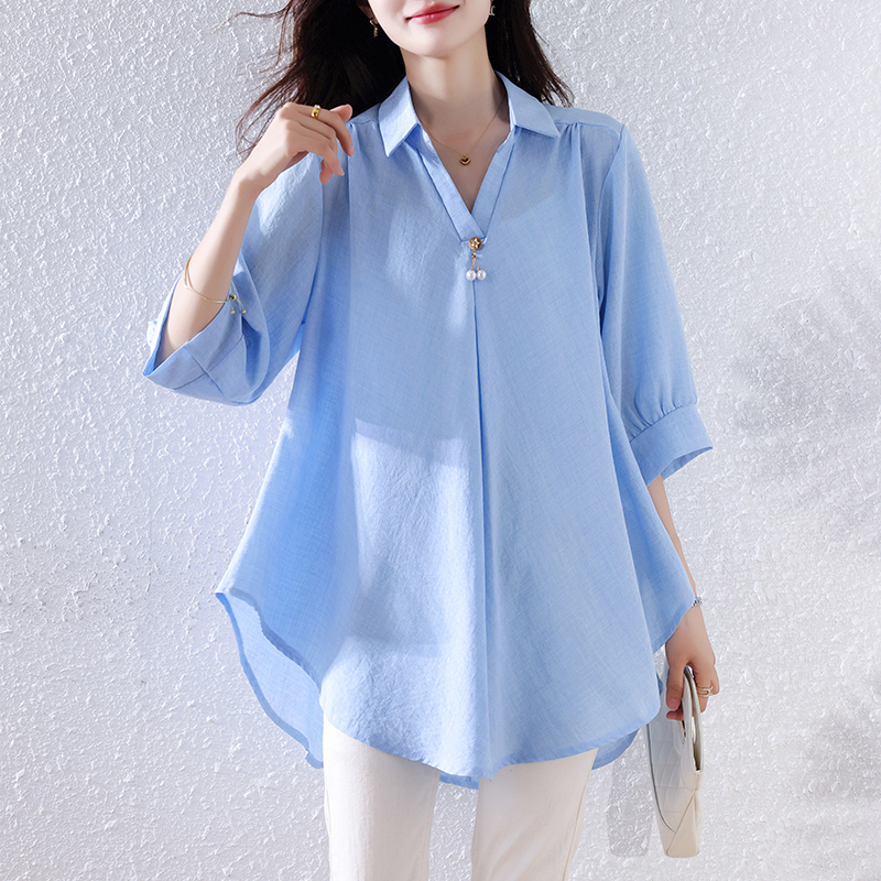 Large Size Tops for Late Pregnancy, Fashionable and Loose, Late Pregnancy Belly-Covering V-Neck Shirts, Mid-Sleeve Summer Cotton and Linen Shirts