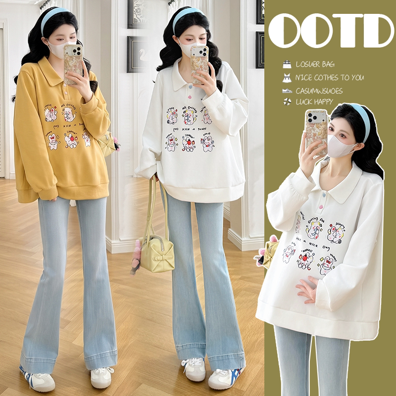 Plus-Size Maternity Wear, Fashionable Late Pregnancy Autumn New Style Doll Collar Sweatshirt, Age-Reducing, Tummy-Covering, Versatile Top Plus-Size Maternity Wear, Fashionable Late Pregnancy Autumn New Style Doll Collar Sweatshirt, Age-Reducing, Tummy-Covering, Versatile Top