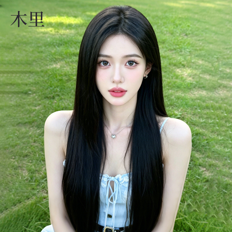 Micro-Needle Molecular Wood Black Long Straight Wig Full Head Set for Women, Real Human Hair, Natural Invisible Long Straight Hair, Daily Wig