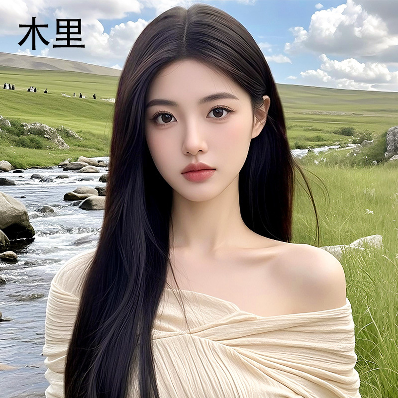 Micro-Needle Molecular Wood Black Long Straight Wig Full Headpiece for Women, Real Human Hair, Natural Middle Part Long Straight Hair Full Wig
