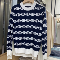  H home chain printing shoulder metal buckle knitted sweater 100 wool official website main push navy blue long-sleeved round neck