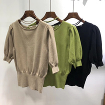  Pinghu foreign trade Japan counter cut label bubble sleeve design is playful and sweet womens knitted sweater
