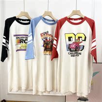 On the cabinet 600 day list original single cut color contrast raglan sleeve T-shirt skirt cartoon pattern long loose short sleeve summer