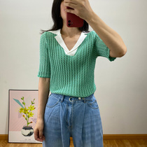  Qi Wei The same retro ice silk lapel linen knitted T-shirt slim and thin summer thin avocado top