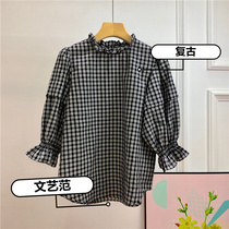 LYI Retro Art Fan Black Plaid Wooden Ear Lantern Sleeve Shirt Girl Feeling 5 Sleeve 100% Sun Cotton
