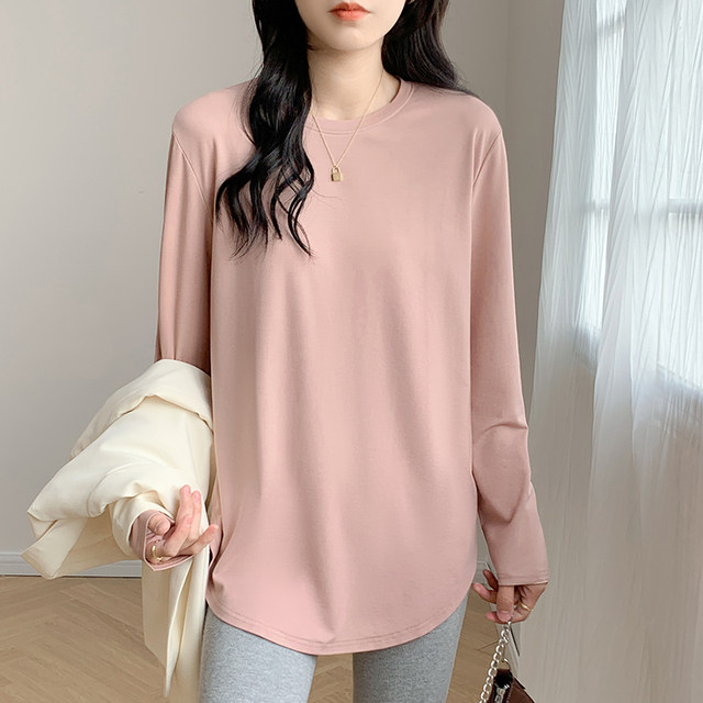 Leather pink mid-length loose bottoming shirt women's inner wear foreign style design sense fashion curved tencel long-sleeved top trendy