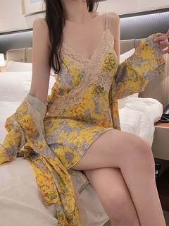 【黄金战袍】睡衣女夏季高级轻奢冰丝吊带睡裙蕾丝带胸垫款套装