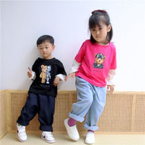 Girl bear T-shirt long sleeve 2020 Spring and Autumn Korean version of tide childrens cotton loose fake two-piece coat foreign atmosphere thin