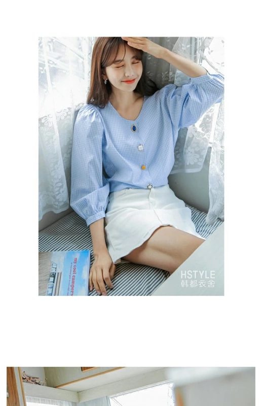 Nhà quần áo Handu 2019 hè mới dành cho nữ phiên bản Hàn Quốc của áo sơ mi kẻ sọc bong bóng tay áo sơ mi kẻ sọc JM9937 - Áo sơ mi