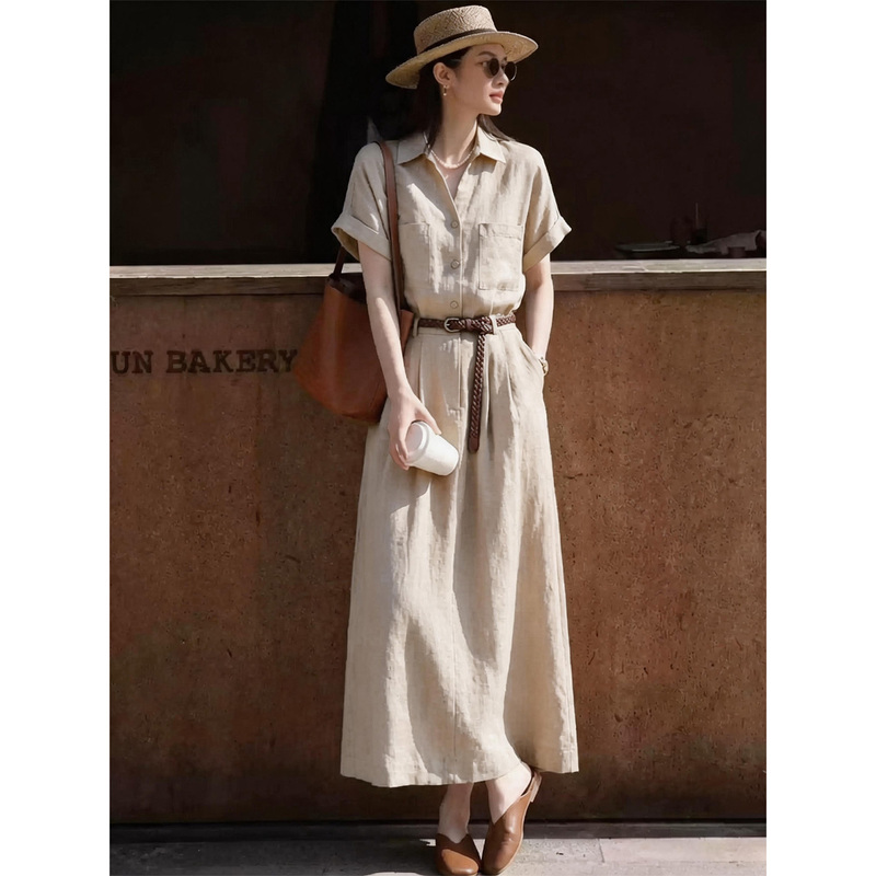 Old Money Style Short-Sleeved Shirt Dress for Women 2026 Summer Thin Commuter Fashion Waist-Cinching Slimming Linen A-Line Skirt