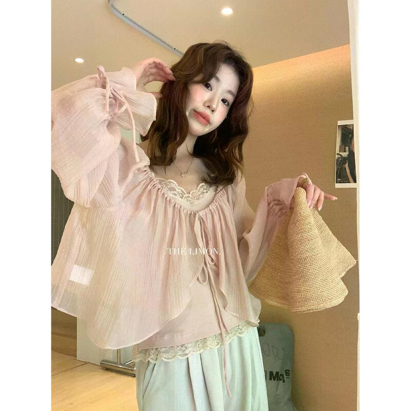 The Lemon Lemon Green Tea 2026 Summer Puff Sleeve Lace Splicing Camisole Set for Women