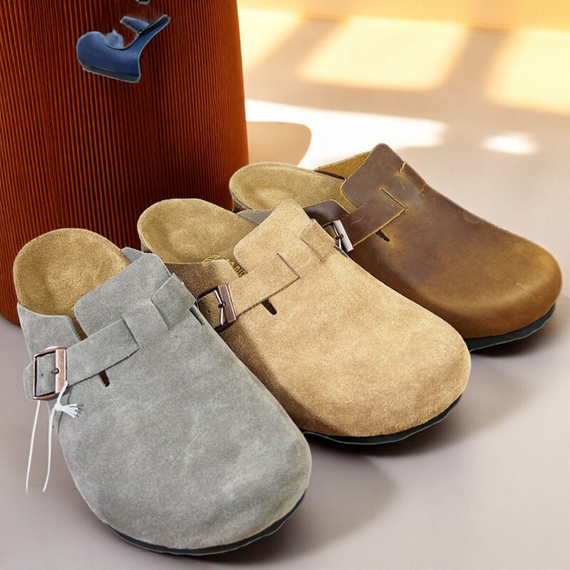 Boken-Style Boston Shoes with Soft Soles and Cork, Unisex Closed-Toe Shoes, Outdoor Slippers, Summer Half-Slip Beach Shoes, Export