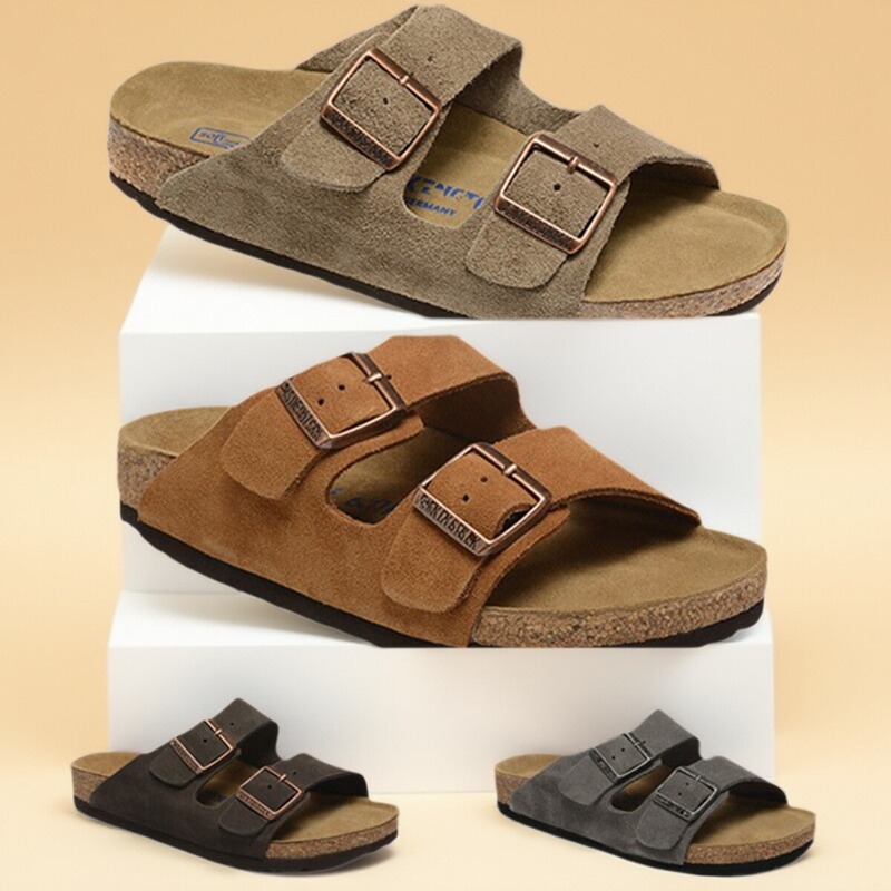 Narrow Version Birkenstock Cork Slippers Arizona Double Buckle Men's and Women's Beach Shoes Sandals Outdoor Summer Large Size Shoes