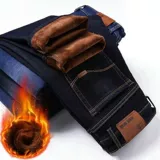 Утепленные джинсы, мужские черные флисовые удерживающие тепло штаны, свободный прямой крой