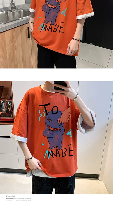 Áo phông kiểu dáng màu cam của áo phông 5 điểm ngắn tay hàng đầu quần áo rộng rãi hip-hop nam graffiti năm điểm nửa tay cơ thể thương hiệu thủy triều - Áo phông ngắn