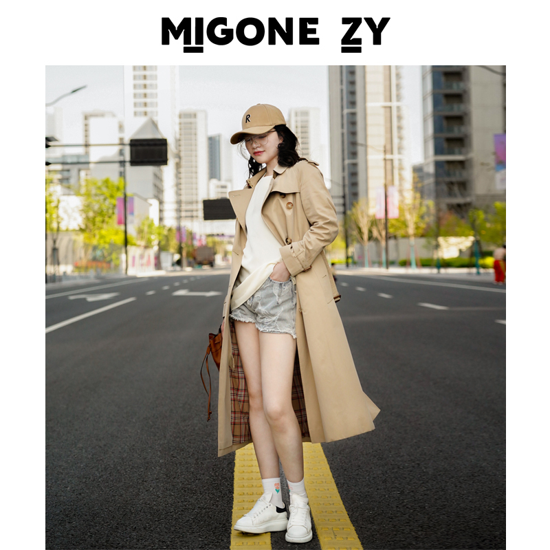 Classic B-Class Celebrity Style Honey-Glow Autumn New Collection Big Brand Khaki Short to Mid-Length Cotton Trench Coat for Women