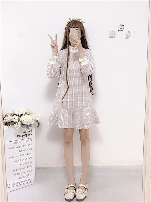 Thu đông 2018 Nữ sinh viên Nhật Bản nữ bằng gỗ cao eo dài tay áo eo eo váy váy váy chữ a