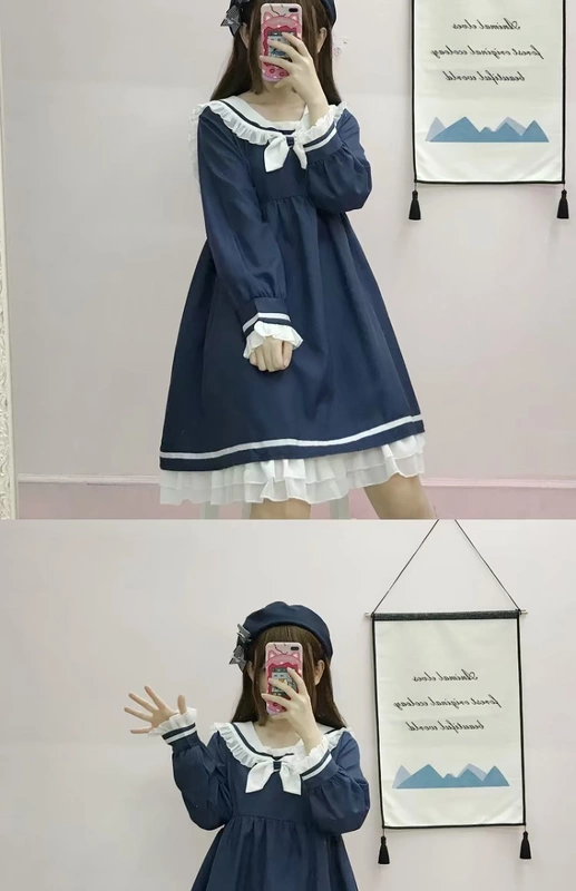 Phụ nữ Nhật Bản mặc váy mùa thu 2018 mới cổ áo hải quân retro lỏng lẻo dài tay học sinh một từ váy thủy triều