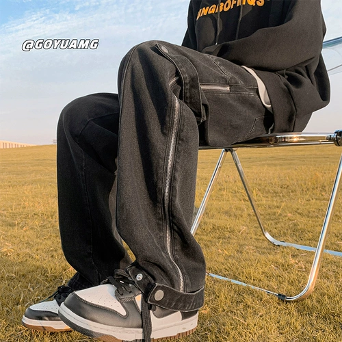 Трендовые черные джинсы, штаны с молнией, осенние, оверсайз, свободный прямой крой