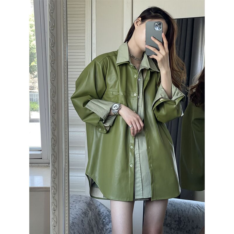 Avocado Green Long-Sleeved Shirt, Spring and Autumn Loose-Fitting Inner Layer, Niche Solid Color Pu Jacket, Leather Shirt Two-Piece Set