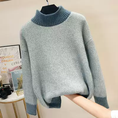 Curled semi-high collar color jacquard loose thickened sweater women's autumn and winter New imitation mink hair wear sweater tide