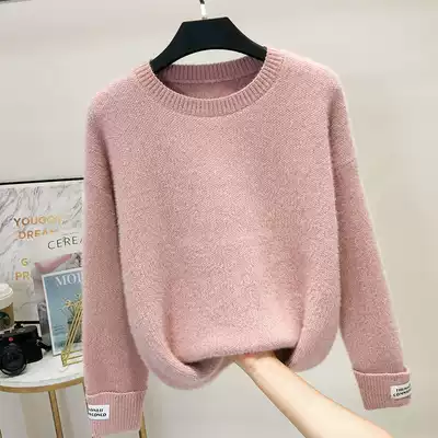 Round neck pullover thickened sweater women's turn sleeve car label Korean version of lazy wind wear knitted sweater imitation mink hair base shirt