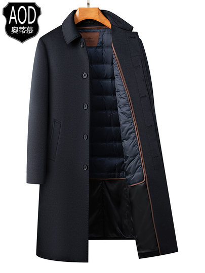 Long double-sided cashmere coat men's middle-aged high-end brand down liner wool jacket over knee wool trench coat winter