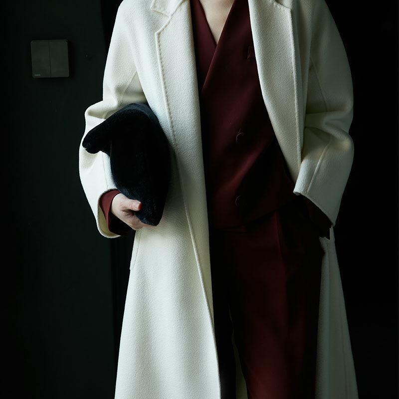 Sanskrit white water corrugated large coat woman 2021 New autumn and winter medium long version Temperament High-end Bifacial Wool Coat